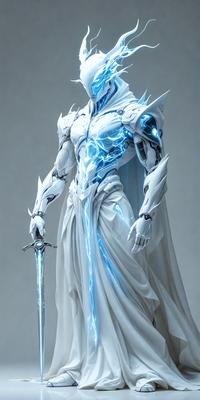 The primary subject of the image is a person dressed in a white costume, holding a sword. The setting appears to be a futuristic environment, with the person standing in front of a backdrop that features a blue and white color scheme. The visual style of the image is digital art, as it is a detailed and intricate illustration of the person in the costume. The overall atmosphere of the image is one of power and strength, as the person is depicted as a warrior or a character from a science fiction story.